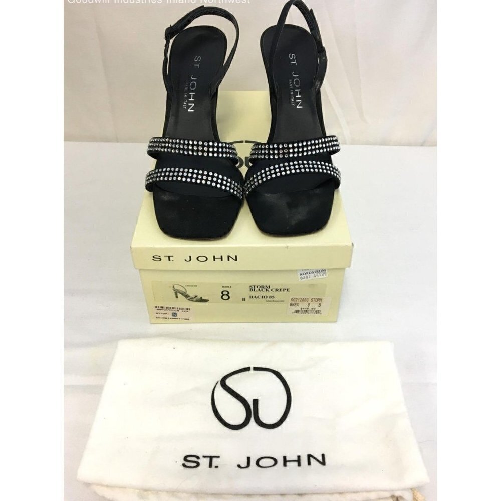 St. John Storm Black Crepe & Rhinestone Heels Women Size 8 B